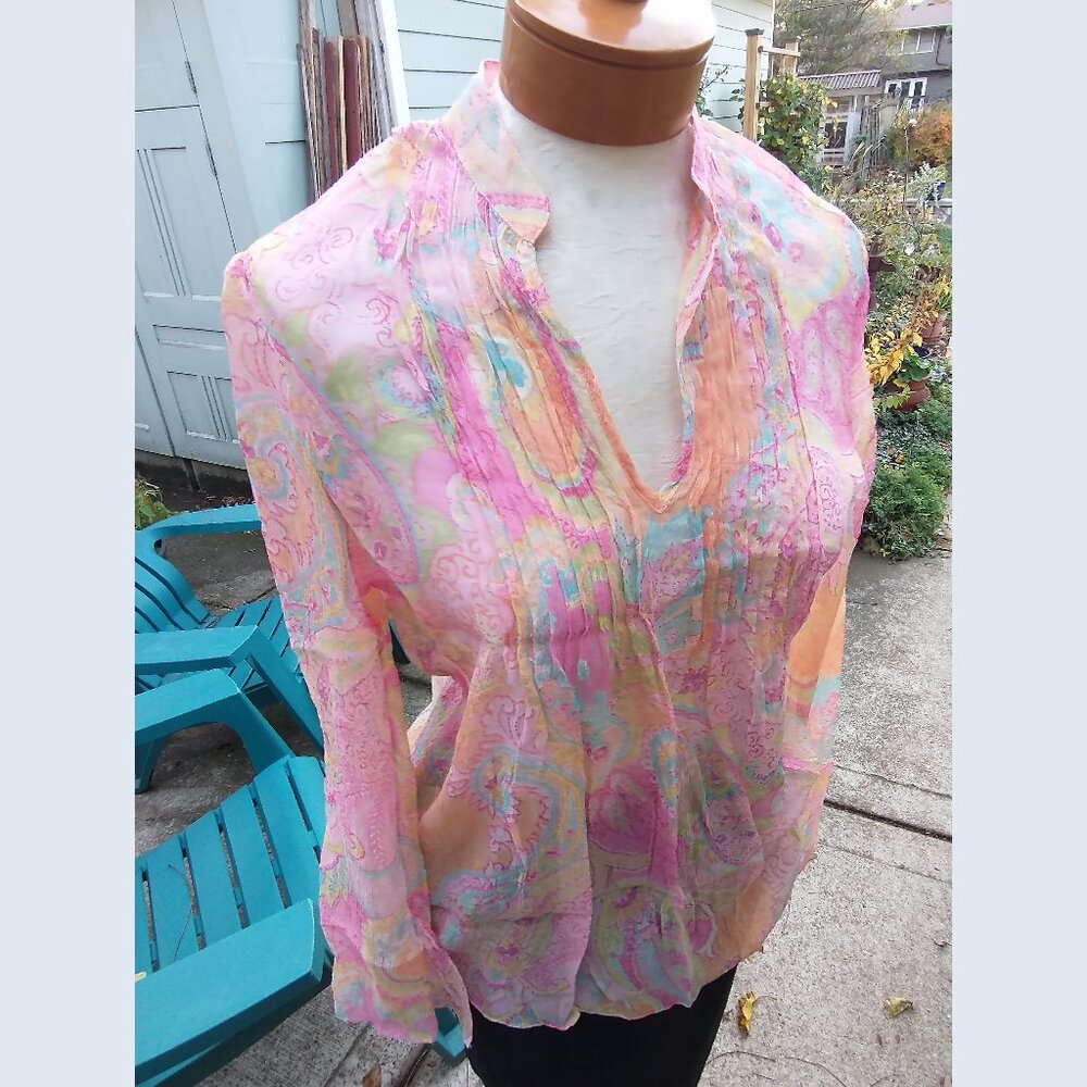Blouse: Silk, pink/orange, split neck. Loose size medium - by Ralph Lauren
